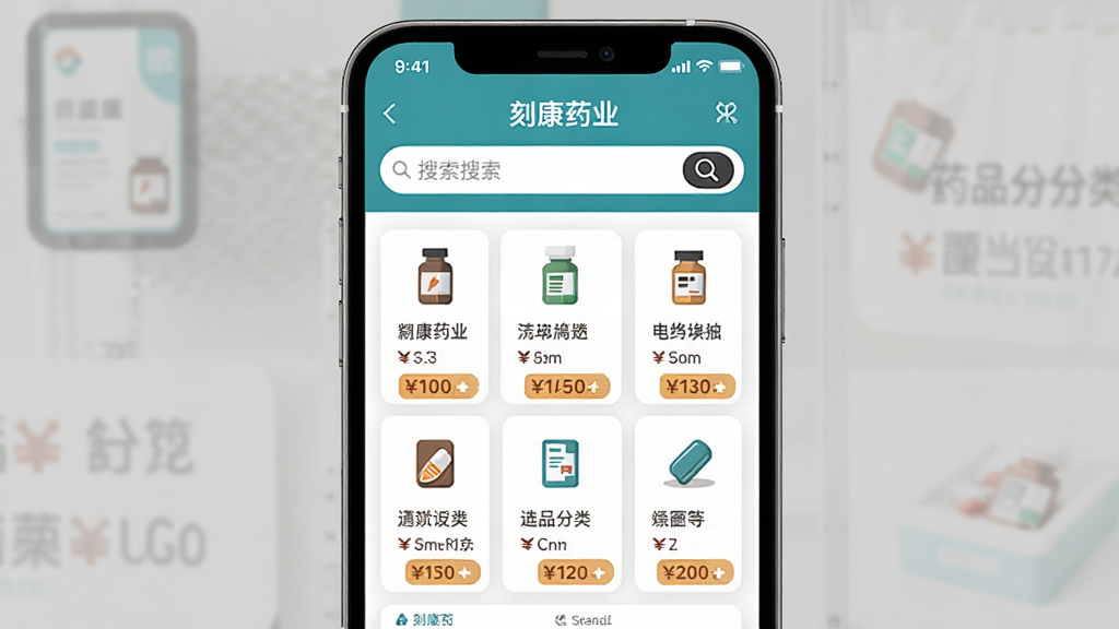 �̿�ҩҵAPP��ҳչʾҩƷ�����б�������������Ϊ�ֻ���Ļ���棬���ֲ������½ṹ�Ϸ��������·�������࣬�Ű������룬���Ϊ�ִ�ҽ������磬ϸ�ڰ���ҩƷͼ��ͼ۸��ǩ�����������ɾ��޶���Ԫ��