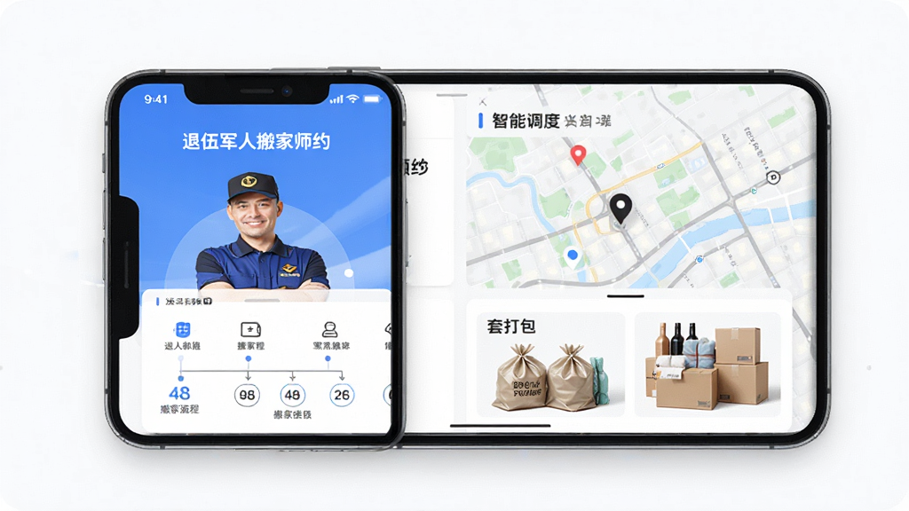 搬家帮APP界面展示,手机屏幕中显示中式搬家服务预约页面,有退伍军人搬家师傅形象和智能调度地图,整体布局清晰,排版简洁,风格现代商务,细节包含48步搬家流程图和套袋打包物品,画质高清,干净,无多余元素