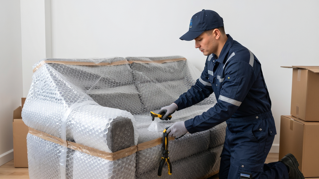 搬家帮搬家师傅正在专业打包家具,身穿统一工装的退伍军人形象,使用气泡膜和纸箱对沙发进行套袋包装,布局居中,排版突出人物动作,风格写实摄影,细节展示专业工具和打包材料,画质高清,干净,无多余元素