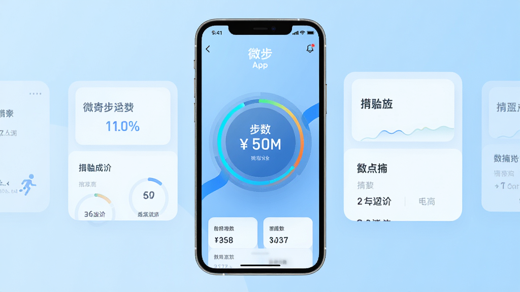 微步运动APP界面展示,现代简约卡片布局,中央有动态圆环显示步数进度,背景为淡蓝色渐变,画面干净整洁,高清晰度,UI设计风格,无多余文字