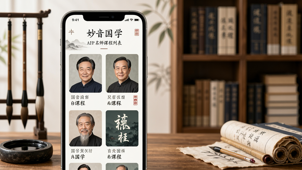 妙音国学APP名师课程列表页面,手机屏幕展示多位国学老师头像与课程封面,主体为手机与书架背景,布局为网格排版,风格为清新国风,细节包含毛笔、砚台、书卷元素,画质高清,干净,无多余元素