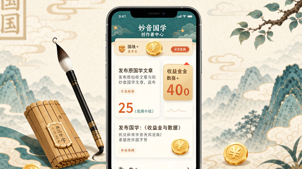 妙音国学APP创作者中心界面,手机屏幕展示发布原创国学文章与收益金数据面板,主体为手机与国风背景,布局居中,排版简洁,风格为国潮插画,细节包含毛笔、竹简、金币图标,画质高清,干净,无多余元素