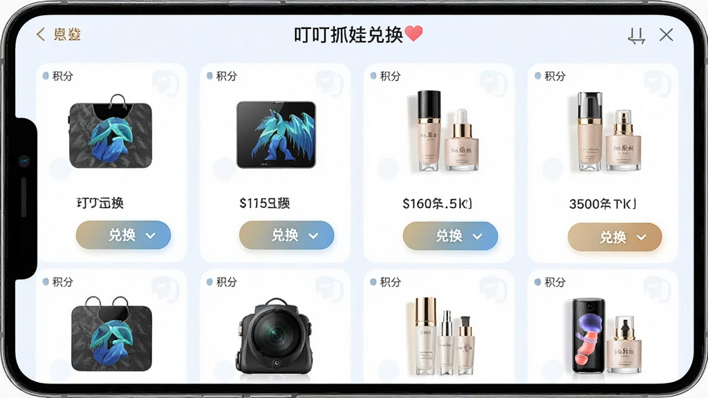 叮叮抓娃娃APP积分兑换页面,画面展示数码产品和美妆护肤品的兑换列表,布局为网格状商品展示,排版整齐,风格为清新明亮,细节包含积分数字和兑换按钮,画质高清,干净,无多余元素