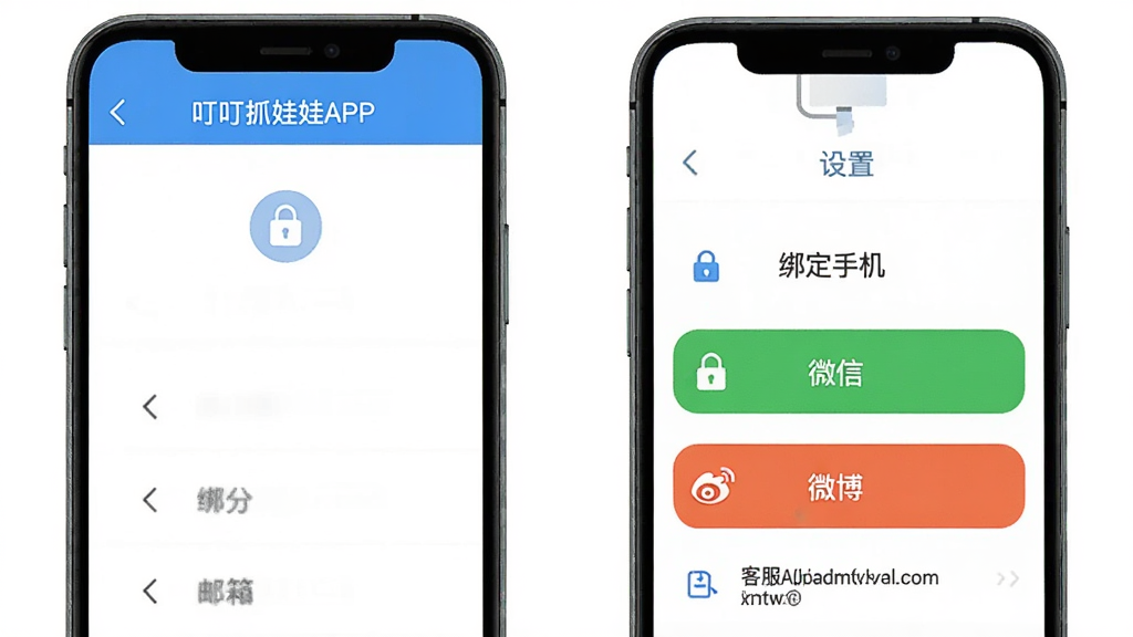 叮叮抓娃娃APP客服与账号安全页面,画面展示手机界面中的绑定手机、微信、微博选项,布局为设置列表形式,排版简洁,风格为扁平化设计,细节包含安全锁图标和客服邮箱地址,画质高清,干净,无多余元素