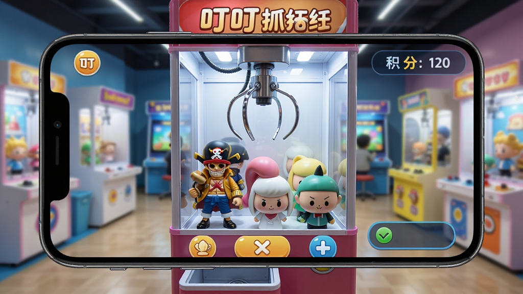 手机屏幕中展示叮叮抓娃娃APP界面,画面中央是高清抓娃娃机,里面摆放着海贼王手办和line系列公仔,背景是明亮的游戏大厅,布局为竖版手机应用截图风格,排版清晰展示抓取按钮和积分区域,风格为卡通写实,细节包含公仔表情和抓爪金属质感,画质高清,干净,无多余元素