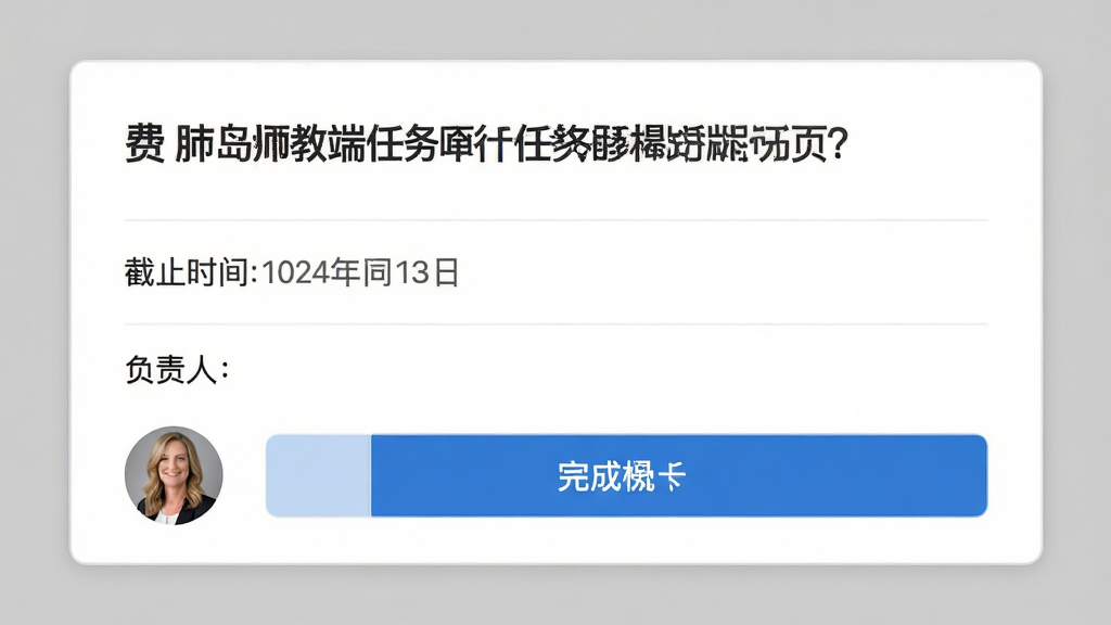 费曼岛教师端任务详情页面,画面展示任务标题、截止时间、负责人头像及完成按钮,布局为上下结构,风格简约商务,细节包括灰色背景、白色卡片、蓝色按钮,画质高清,干净,无多余元素