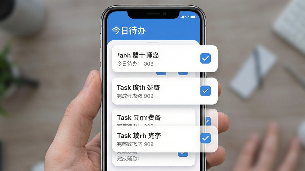 费曼岛教师端手机界面截图,画面中央展示任务列表卡片,上方有今日待办标题,下方排列三到四个任务条目,右侧显示完成状态勾选框,整体布局简洁清晰,风格为现代扁平化设计,细节包括圆角卡片、柔和阴影、蓝色主色调,画质高清,干净,无多余元素