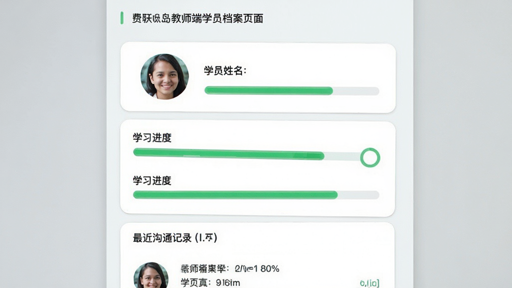 费曼岛教师端学员档案页面,画面展示学员头像、姓名、学习进度条及最近沟通记录,布局为纵向滚动列表,风格清新浅色,细节包括卡片式信息块、圆形头像、进度条颜色为绿色,画质高清,干净,无多余元素