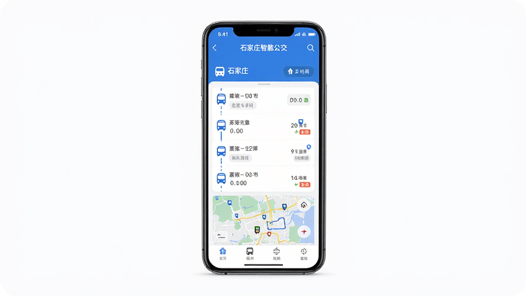 �ֻ���Ļ��ʾʯ��ׯ�ǻ۹���APP��·�߹滮���棬����Ϊһ����ֱ���õ������ֻ������־��У��Ű�����չʾ��·�б��͵�ͼ����ͼ�����Ϊ�ִ���Լ�Ƽ��磬ϸ�ڰ�����ɫ��ɫ��������ͼ�ꡢʱ��Ԥ����ǩ�����ʸ��壬�ɾ����޶���Ԫ��
