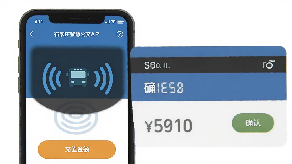 ʯ��ׯ�ǻ۹���APP��NFC��ֵҳ�棬����Ϊ�ֻ����Ϲ�������ʾ�ⳡ��������Ϊ���ֻ��ҿ�Ƭ���Ű�ͻ����Ӧ����ͳ�ֵ��ť�����Ϊ��ƽ���廭�磬ϸ�ڰ���NFC����ͼ�ꡢ������֡�ȷ�ϰ�ť�������������ɾ����޶���Ԫ��