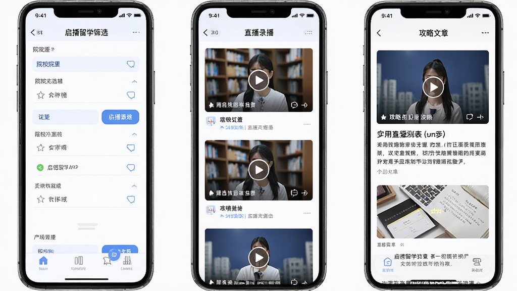 ������ѧAPPʵ�ù��ܲ������棬����Ϊ�ֻ���Ļ��չʾԺУ��ɸѡҳ���ֱ��¼���б�������Ϊ��������չʾ���Ű����ԺУɸѡ���м�ֱ���б����Ҳ๥�����£����Ϊ���±�ƽ����ƣ�ϸ�ڰ���ɸѡ��ť��ֱ�����桢���Ա��⣬���ʸ��壬�ɾ����޶���Ԫ��