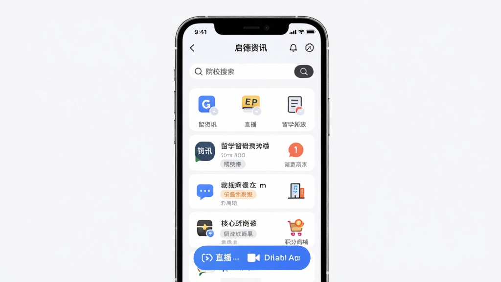 ������ѧAPP���Ĺ��ܽ���չʾ������Ϊ�ֻ���Ļ����ʾ��ѧ��Ѷ�б���ԺУ������ҳ�棬����Ϊ�����ֻ�ģ�ͣ��Ű�����չʾ�������ͼ�꣬���Ϊ�ִ���Լ�Ƽ��磬ϸ�ڰ�����ѧ������ǩ��ֱ����ڰ�ť�������̳�ͼ�꣬���ʸ��壬�ɾ����޶���Ԫ��