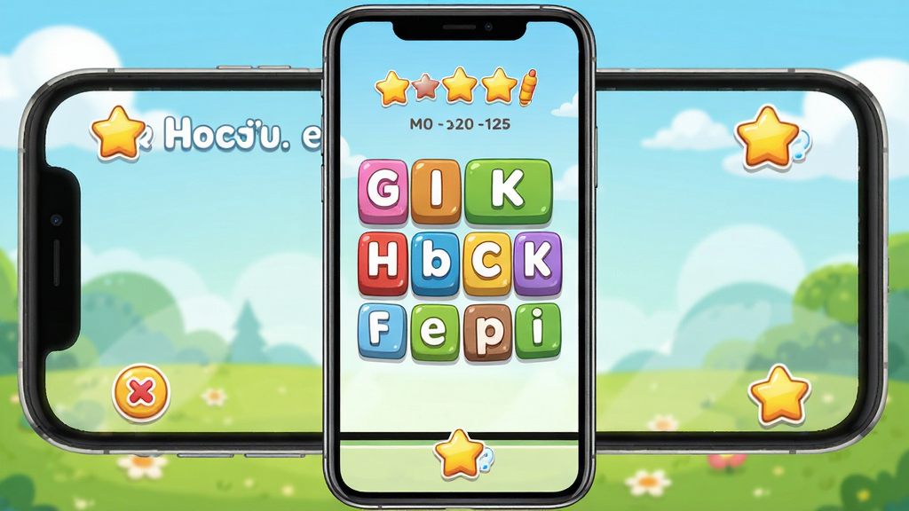 ��������԰APP��Ϸ�ؿ����棬����Ϊ�ֻ���Ļ��ʾӢ�ﵥ��ƴд��Ϸ�����־��У��Ű����������Ϊ��ͨ�ɰ���ϸ�ڰ�����ɫ��ĸ����͵÷����ǣ����ʸ��壬�ɾ����޶���Ԫ��
