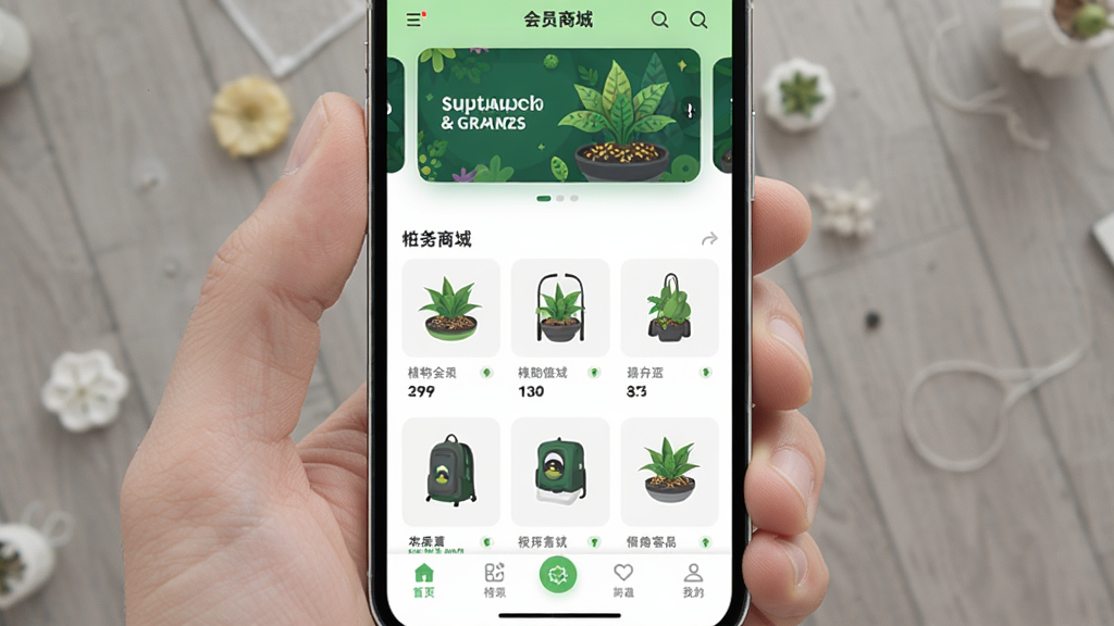 �ֻ���Ļչʾֲ��������Ա�̳�App��ҳ������Ʒ���ֲ�ͼ���м���Ʒ���񣬵ײ���������������ɫ������ƽ��UI��񣬸ɾ��޶���Ԫ�أ����廭��