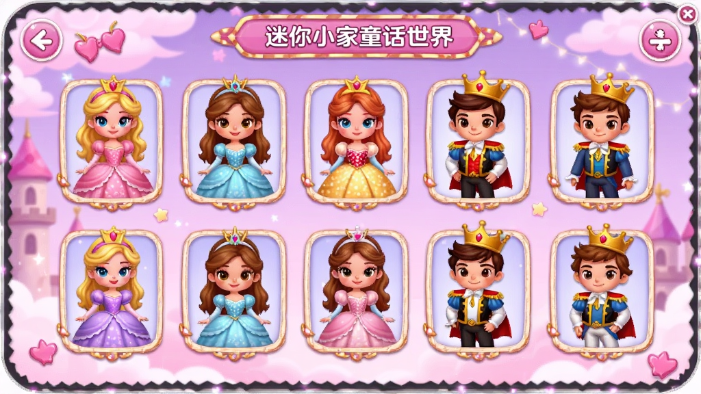迷你小家童话世界角色选择界面,多位卡通公主和王子角色排列展示,粉紫色背景,布局整齐,风格甜美梦幻,细节精致,高清画质,干净无多余元素