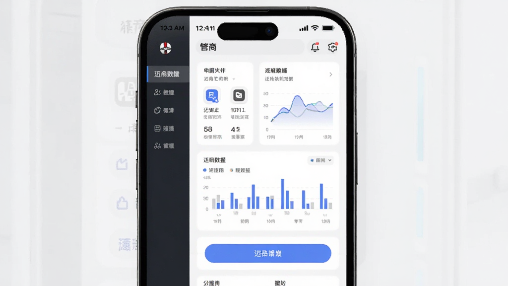 手机屏幕展示迈巴克好物应用界面,主体为一部智能手机,屏幕中显示电商管理后台的数据面板和功能菜单,布局居中,排版简洁,风格为现代科技感,细节包括图标、数据图表和按钮,画质清晰,干净,无多余元素