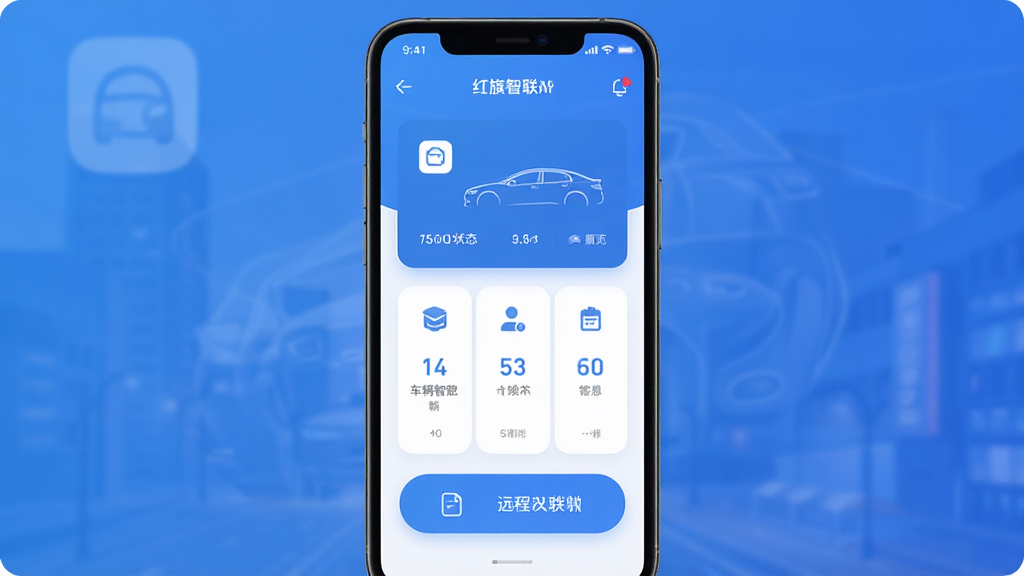 红旗智联APP界面展示,主体为手机屏幕显示车辆状态卡片与远程控制按钮,布局为居中竖向排列,排版简洁清晰,风格为现代科技感扁平化设计,细节包括蓝色渐变背景、白色图标、车辆轮廓线条,画质高清干净无多余元素