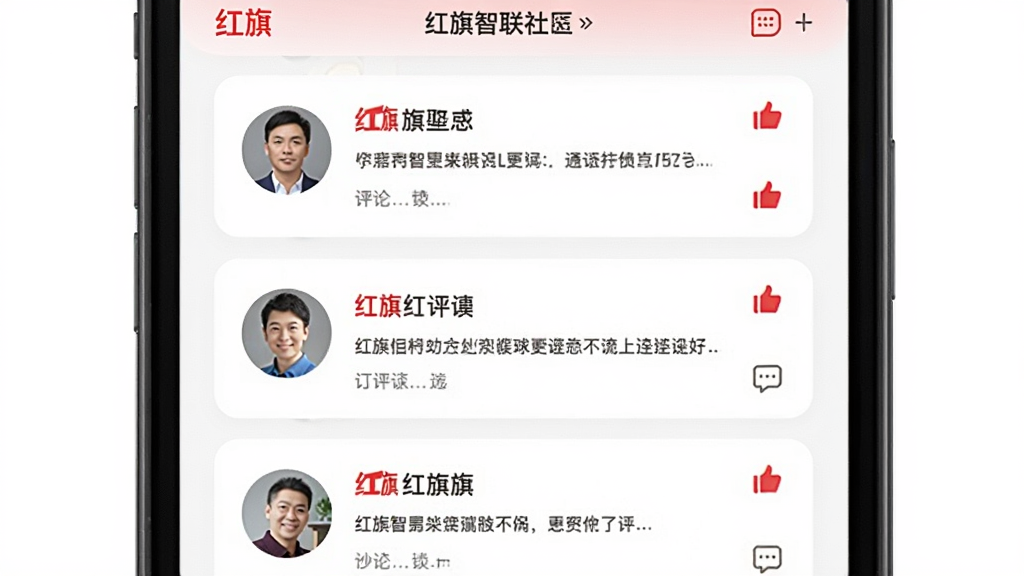 红旗智联社区互动场景,主体为手机屏幕显示用户动态与评论列表,布局为上下滚动信息流,排版左侧头像右侧文字,风格为社交应用常见卡片式设计,细节包括红旗品牌红色点缀、点赞图标、评论气泡,画质清晰明亮干净无杂乱元素