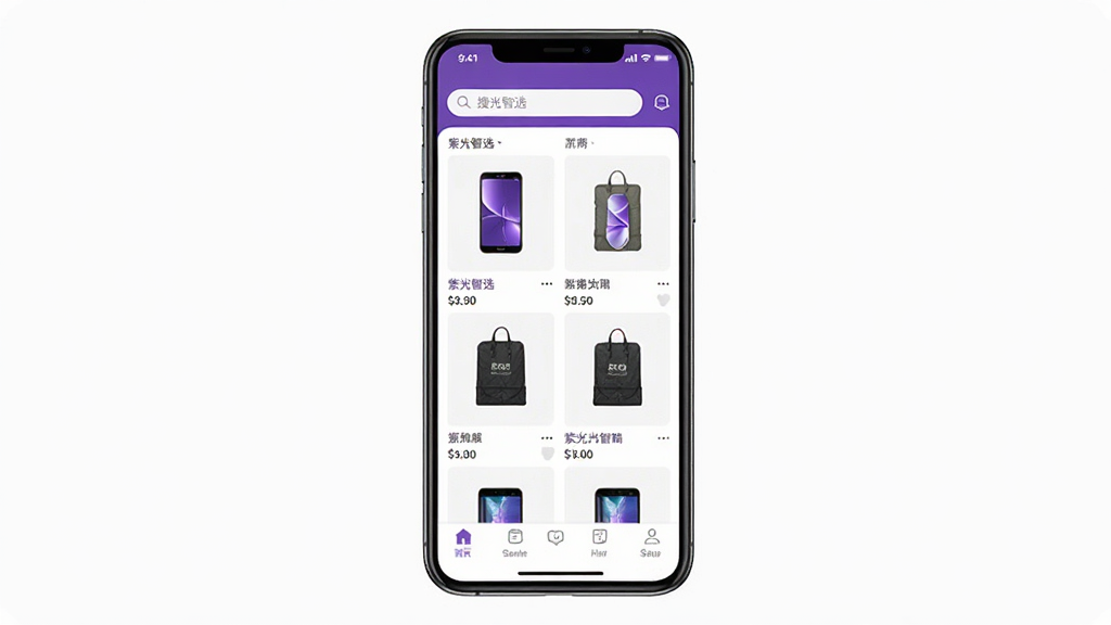 �Ϲ���ѡ �ֻ�APP����չʾͼ, ����Ϊһ�������ֻ�, ��Ļ��ʾ�Ϲ���ѡ���ĵ�����ҳ, ����Ϊ�������������в���Ʒ�ٲ���, �Ű����, ���Ϊ�ִ���Լ��ƽ��, ϸ�ڰ�����������Ʒ����ͼ�͵ײ�������ͼ��, ���ʸ��� �ɾ� �޶���Ԫ��