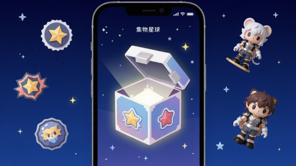 一个手机屏幕显示集物星球App的拆盒动画界面,画面中央是一个发光的盲盒正在缓缓打开,周围散落着徽章和立牌,背景是深蓝色星空,布局为居中构图,风格为扁平化插画,细节包括星光点缀和柔和的渐变光晕,画质高清,干净,无多余元素