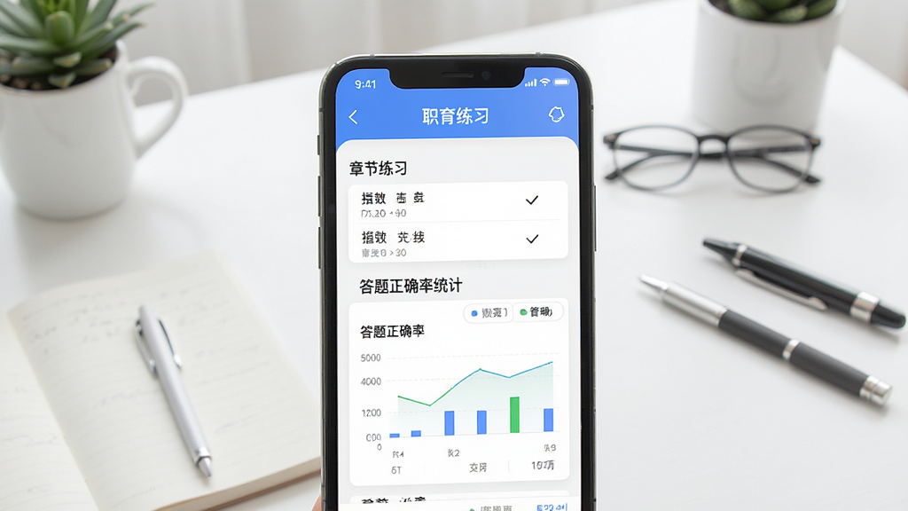 职教高考题库APP界面展示,手机屏幕中显示章节练习列表和答题正确率统计图表,背景为书桌与文具,现代简约风格,画面干净明亮,文字清晰,画质高清