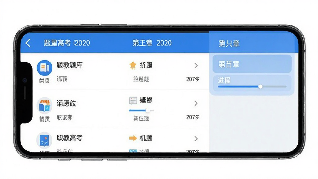 职教高考题库软件界面截图,手机屏幕显示题库列表和章节选择,蓝色主色调,布局简洁清晰,风格现代教育类应用,细节包含题目分类图标和进度条,画质清晰,干净,无多余元素