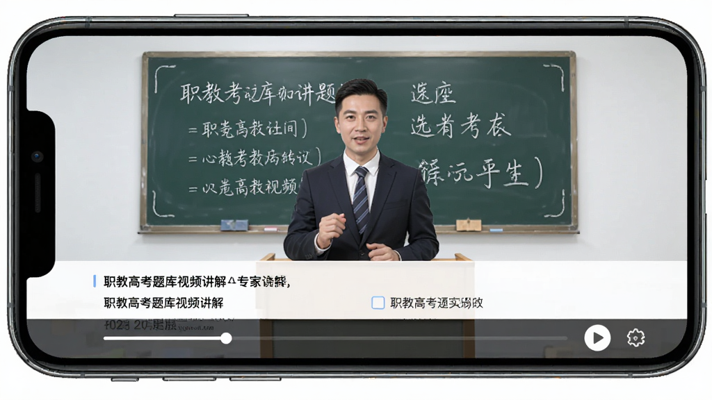 职教高考题库视频讲解界面,手机横屏播放专家讲解视频,屏幕下方有题目和选项,画面中有教师形象和板书,风格专业教育类应用,细节包含进度条和播放按钮,画质清晰,干净,无多余元素