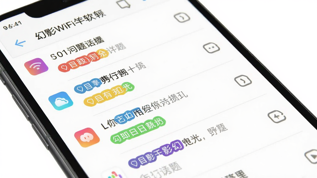 幻影WiFi软件界面截图,主体为手机屏幕展示聊天话题列表,布局清晰,排版简洁,风格现代简约,细节包含彩色话题标签和图标,画质高清,干净无多余元素