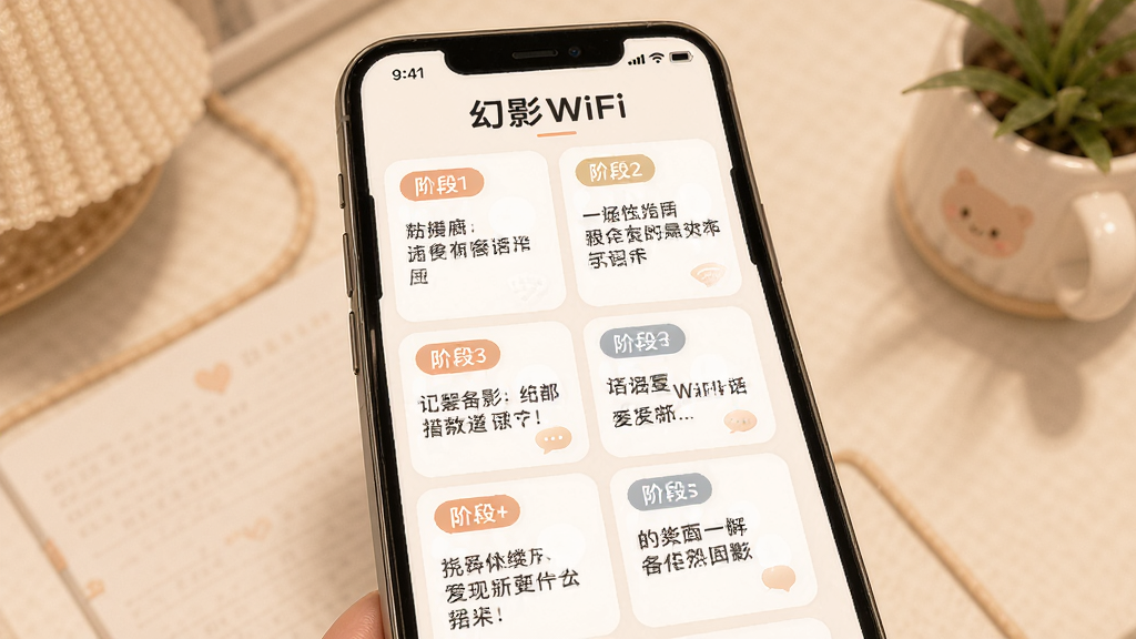 幻影WiFi恋爱话术界面,主体为手机屏幕显示不同阶段话术分类,布局为卡片式排列,排版整齐,风格温馨柔和,细节包含阶段标签和话术预览,画质清晰,干净无多余元素