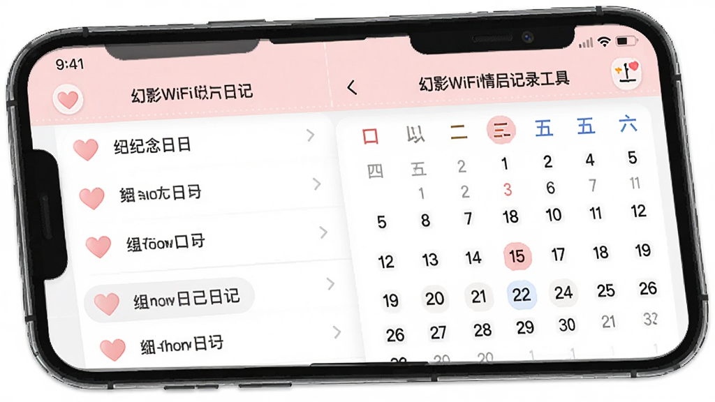 幻影WiFi情侣记录工具界面,主体为手机屏幕展示纪念日和日记功能,布局为列表和日历结合,排版直观,风格清新可爱,细节包含爱心图标和日期标记,画质高清,干净无多余元素