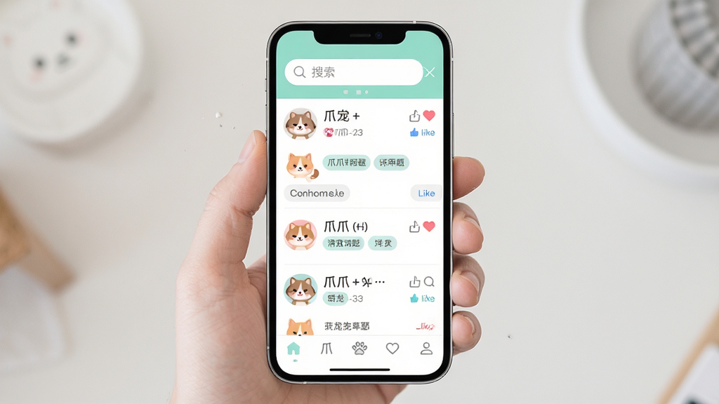 爪爪巴士软件界面展示,主体为手机屏幕显示萌宠社区信息流,布局为上下结构顶部搜索栏底部导航栏,排版清晰整齐,风格为清新可爱扁平化设计,细节包含宠物头像、点赞按钮、话题标签,画质高清干净无多余元素