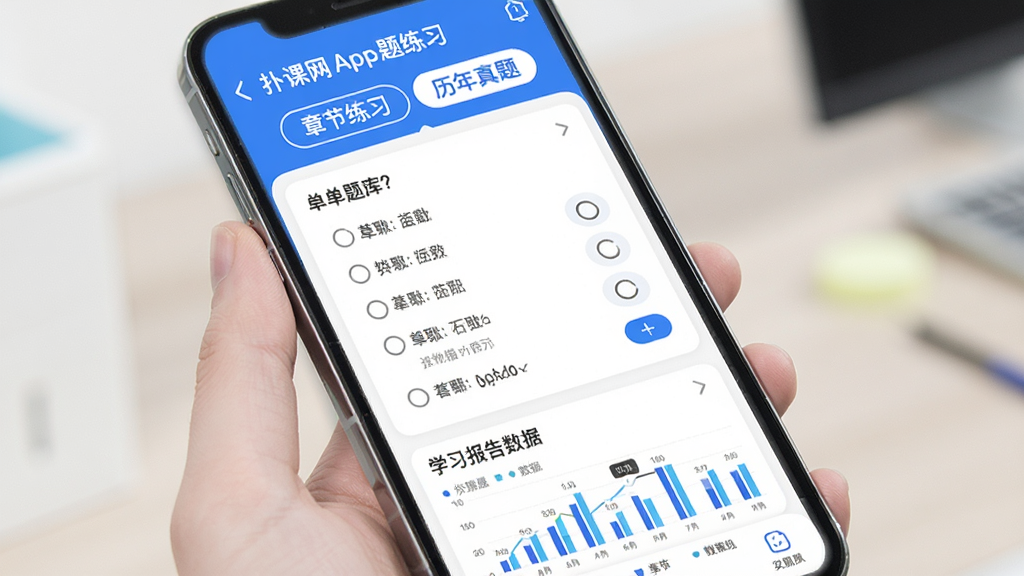 �˿���App����չʾ���ֻ���Ļ����ʾ�����ϰҳ�棬�Ϸ����½���ϰ�����������ǩ���м��е�ѡ��ѡ���б����ײ���ѧϰ��������ͼ�������岼���������Ű����࣬���Ϊ�ִ���Լ������App���棬ϸ�ڰ�����ɫ��ɫ������ɫ��Ƭ��Բ�ǰ�ť�����ʸ��壬�ɾ����޶���Ԫ��