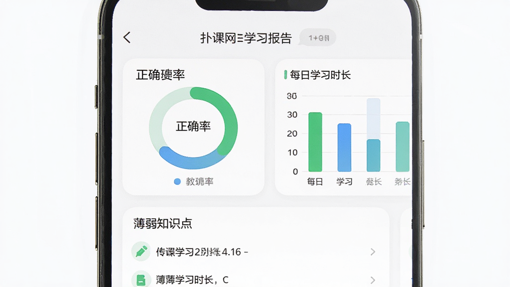 �˿���Appѧϰ����ҳ�棬�ֻ���Ļ����ʾ��ȷ�ʻ���ͼ��ÿ��ѧϰʱ����״ͼ���·��б���֪ʶ���б������ֲ��ÿ�Ƭʽ��ƣ��Ű��࣬���Ϊ���½�����App���棬ϸ�ڰ�����ɫ����ɫ���ݱ�ʶ����ɫ������Բ�ǿ�Ƭ�����ʸ��壬�ɾ����޶���Ԫ��