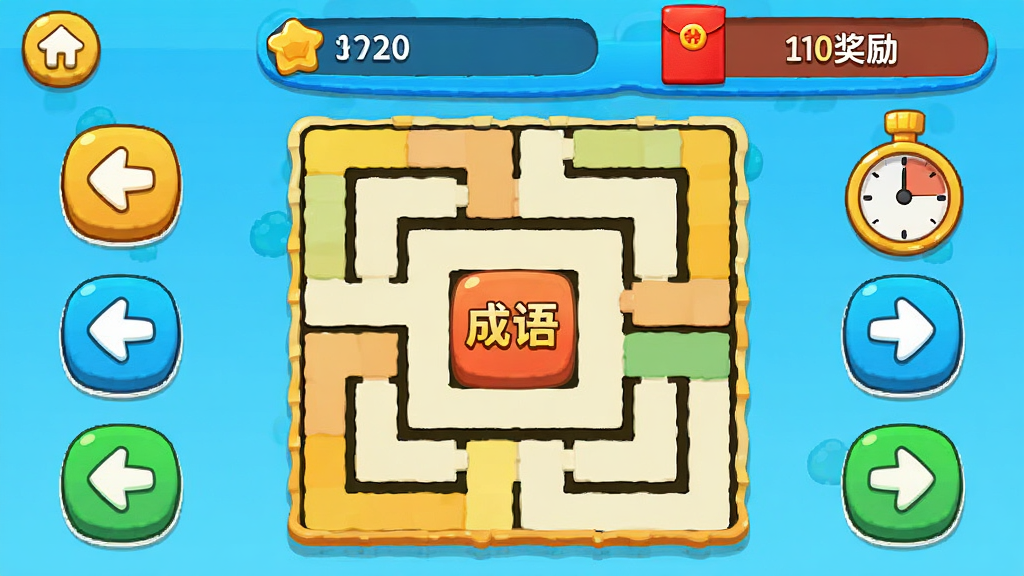 走路赚好多游戏主界面,中央是成语迷宫方格地图,四周有方向按钮和计时器,顶部显示步数和红包奖励,卡通风格,色彩明亮,画质清晰,干净无多余元素