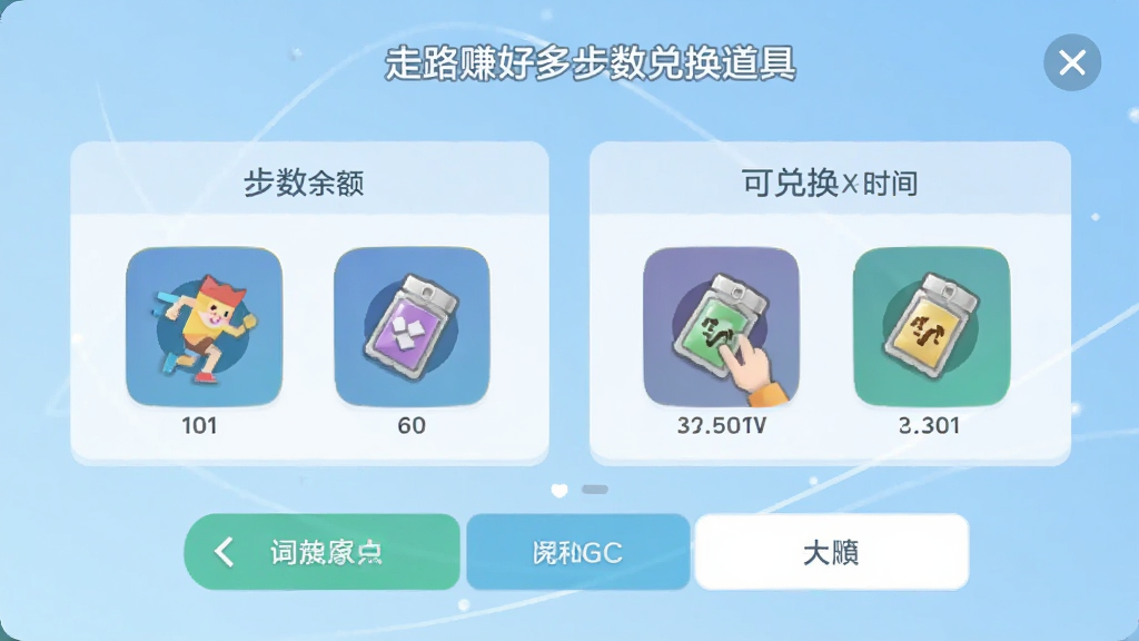 走路赚好多步数兑换道具界面,显示步数余额和可兑换的时间道具图标,背景为淡蓝色渐变,界面简洁,按钮清晰,画质干净无多余元素