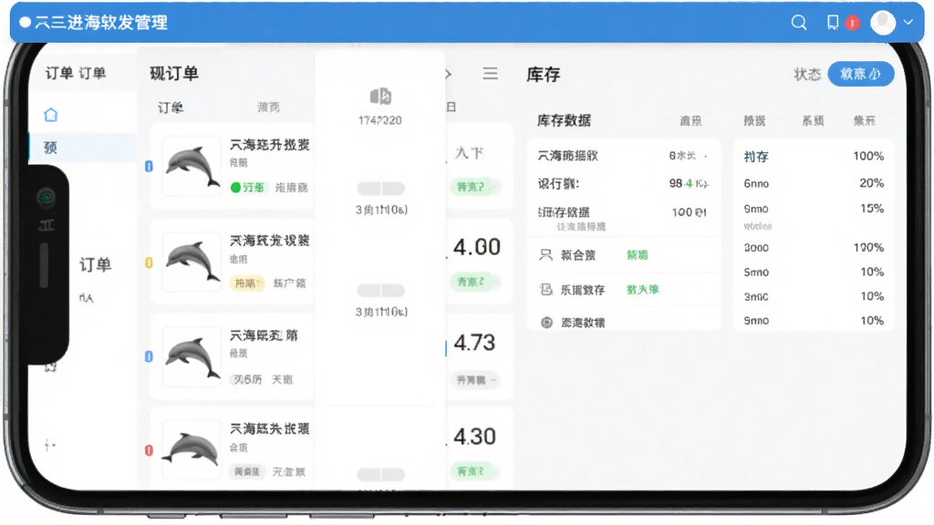 双海豚批发通软件界面展示,主体为手机屏幕显示进销存管理后台,布局为左侧订单列表右侧库存数据面板,排版整齐清晰,风格为现代商务扁平化设计,细节包含商品缩略图、数字标签和状态标识,画质高清干净无多余元素