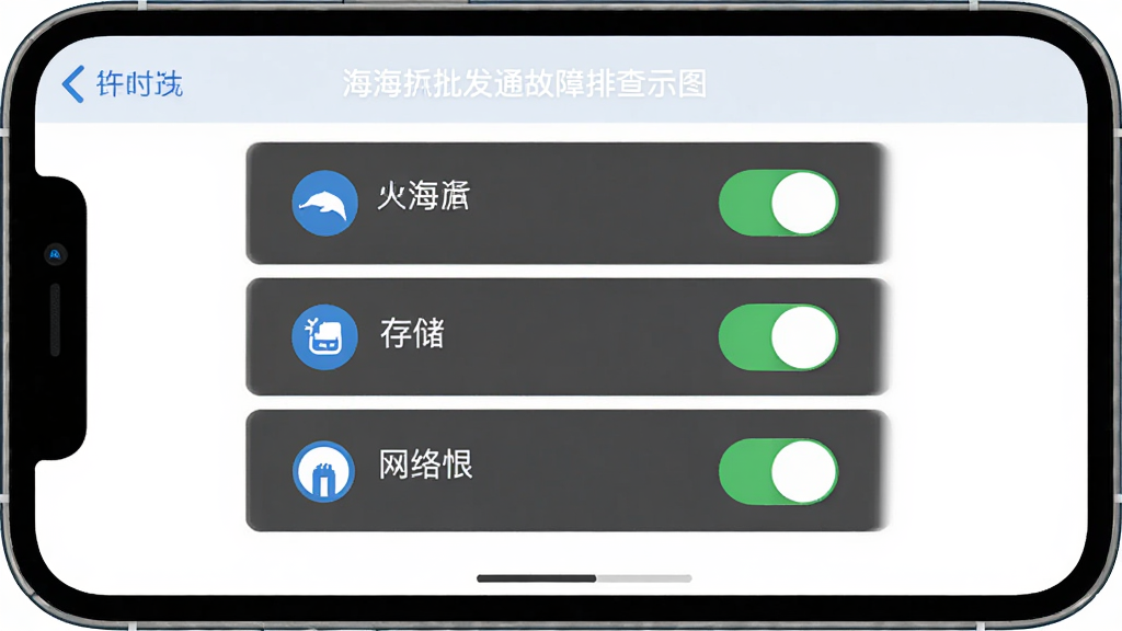 双海豚批发通故障排查示意图,主体为手机屏幕显示设置权限界面,布局为居中展示权限开关列表,排版清晰,风格为扁平化UI风格,细节包含定位、存储和网络权限图标,画质高清干净无多余元素