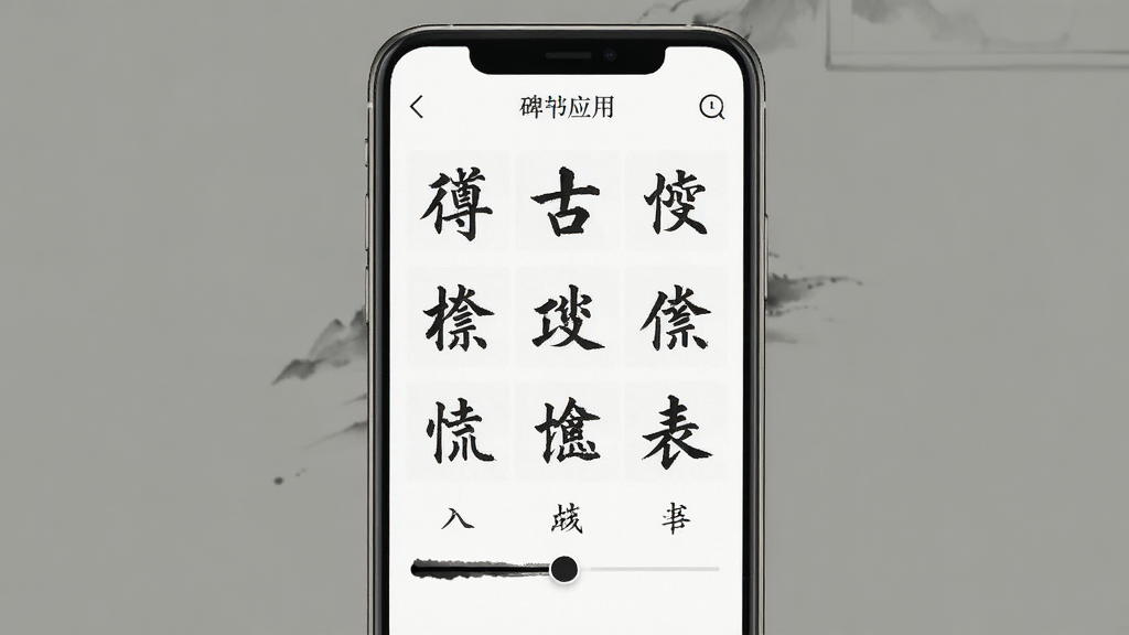 尊古书法应用界面截图,主体为手机屏幕展示碑帖检索与集字排版页面,布局居中排版清晰,风格简约中国风,细节包含书法字形列表和墨色调节滑块,画质高清干净无多余元素