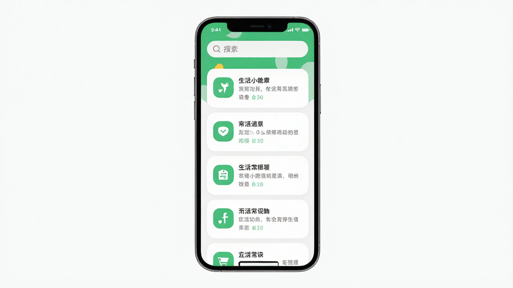 哈喽小鹿app界面展示,主体为手机屏幕显示生活常识文章列表,布局为居中展示手机正视图,排版简洁清晰,风格为清新扁平化设计,细节包括绿色主色调图标、圆角卡片式内容列表、顶部搜索栏,画质高清干净无多余元素