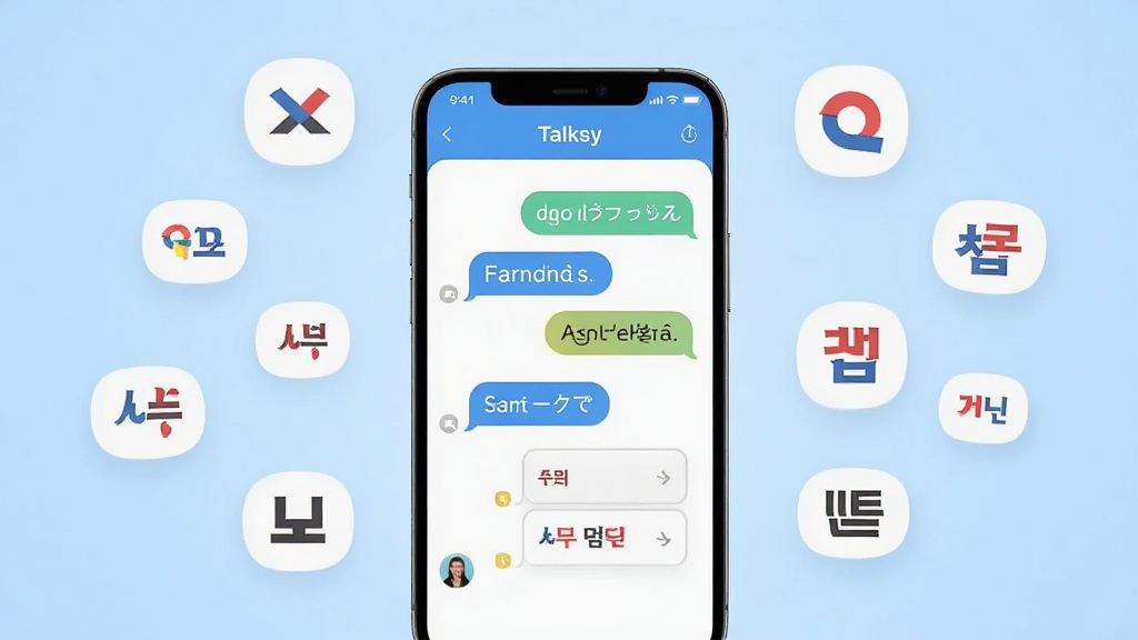 �����������һ�������ֻ����ֻ���Ļ��ʾ Talksy Ӧ�ý��棬�������жԻ����ݺ͵��ʿ�Ƭ���ֻ���Χ����Ӣ���������������Է��ţ�����Ϊǳ��ɫ���䣬���ּ����У��Ű���ˬ�����Ϊ��ƽ���Ƽ��磬ϸ�ڰ���Բ��ͼ��������Ӱ�����ʸ��壬�ɾ����޶���Ԫ��