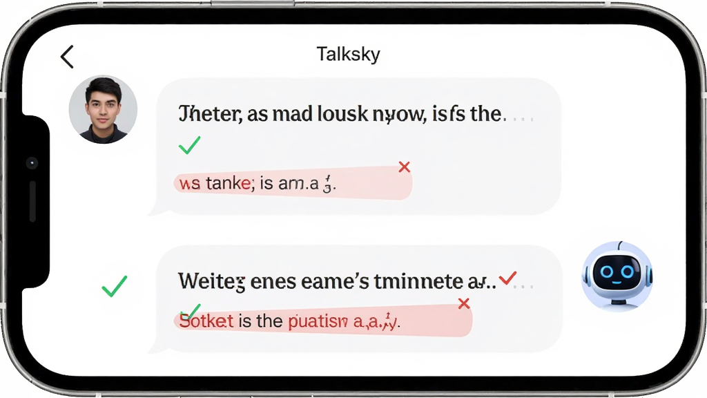Talksy Ӧ����AI�Ի��������棬�ֻ���Ļ����ʾ���˶Ի����ݣ�һ��Ϊ�û�ͷ��һ��ΪAI������ͷ�񣬶Ի����ݰ���Ӣ����Ӻ;�����ע������Ϊ��ɫ�������������У��Ű����������Ϊ�ִ���Լ��ϸ������ɫ�Թ��ͺ�ɫ�޸ı�ǣ����ʸ��壬�ɾ����޶���Ԫ��