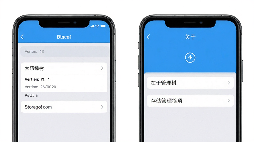 大蓝树应用设置与关于页面,手机屏幕显示版本信息和存储管理选项,背景简洁,布局整齐,风格清爽,细节清晰,画质干净,无多余元素