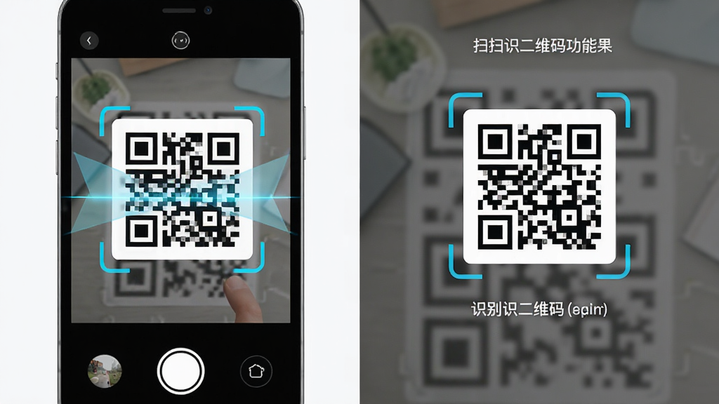 ɨɨʶ��ά�빦��չʾͼ������Ϊ�ֻ�ɨ��ʶ��������̣�����Ϊ���ҷ���������ɨ���Ҳ�ʶ�������Ű��������򣬷��Ϊ�ִ���ԼUI�磬ϸ�ڰ���ɨ����ߡ���ά�롢�ı���Ϣ���Խ��򣬻������� �ɾ� �޶���Ԫ��