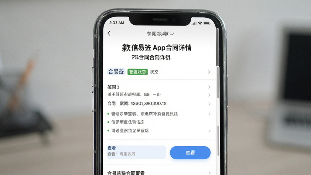 ����ǩApp��ͬ����ҳ��չʾ������Ϊ�ֻ���Ļ��ʾ��ͬ�����б������־��У��Ű�����������Լ����ϸ�ڰ�����ͬ���⡢ǩ��״̬��ǩ���鿴��ť�����ʸ���ɾ��޶���Ԫ��