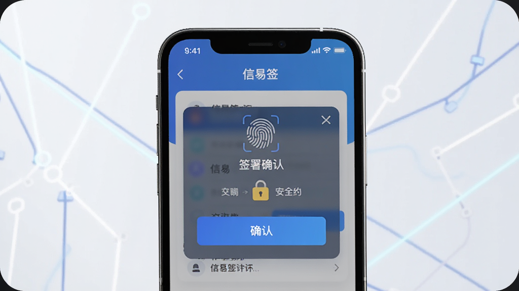 ����ǩApp��ȫǩԼ����ʾ��ͼ������Ϊ�ֻ�����չʾǩ��ȷ�ϵ������������½ṹ���Ű����࣬����ִ��Ƽ��У�ϸ�ڰ���ָ��ͼ�ꡢ��ȫ����ʶ��ȷ�ϰ�ť�����������ɾ��޶���Ԫ��