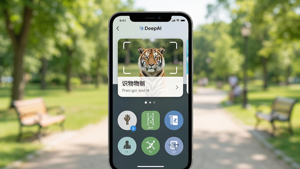 �ֻ���Ļ��ʾDeepAIɨ���ǵ���������ܽ��棬�Ϸ���ʶ������Ƭ���·��м�������ߡ������ͼ�갴ť���������黯�Ĺ�԰������������¼�࣬ϸ�ڷḻ�����������������޶���Ԫ��