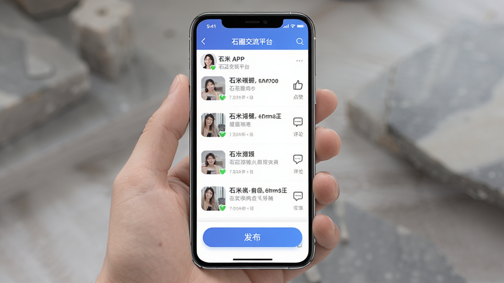 ʯ��APPʯȦ����ƽ̨���棬�ֻ���Ļչʾʯ����ҵ��̬�б��뻥����ť������Ϊ�ֻ��罻���棬�������½ṹ���Ű����࣬�������������ϸ�ڰ�����������ͼ��ͷ�����ť�����ʸ���ɾ��޶���Ԫ��