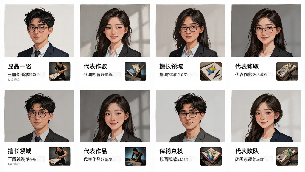 �����滭ѧԺ��ʦ�Ŷ�չʾҳ�棬����Ϊ��λ�廭��ʦͷ�����飬���ֲ����������У��Ű��������򣬷��Ϊרҵ����ƽ̨��ʦ����ҳ��ϸ�ڰ�����ʦ�������ó�����ʹ�����Ʒ����ͼ�����ʸ��壬�ɾ����޶���Ԫ��