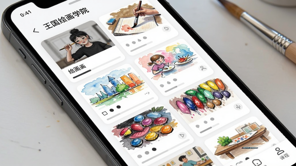�����滭ѧԺAPP�γ��б�ҳ�棬����Ϊ�ֻ���Ļչʾ���Ż滭�γ�����ͼ�����ֲ�������Ƭʽ���У��Ű��������࣬���Ϊ�ִ�������APP���棬ϸ�ڰ�����桢ˮ�ʡ��ղʵȿγ̷���������������ʸ��壬�ɾ����޶���Ԫ��