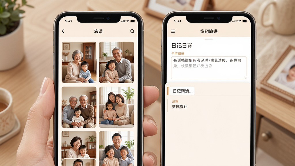 ����APP����չʾ������Ϊ�ֻ���Ļ��ʾ��ͥ�����ռǱ༭���棬����Ϊ���ҷ������Ű����࣬���Ϊ��ܰ��ͥ�磬ϸ�ڰ�����Ƭ����ͼ����������򣬻��ʸ��壬�ɾ����޶���Ԫ��